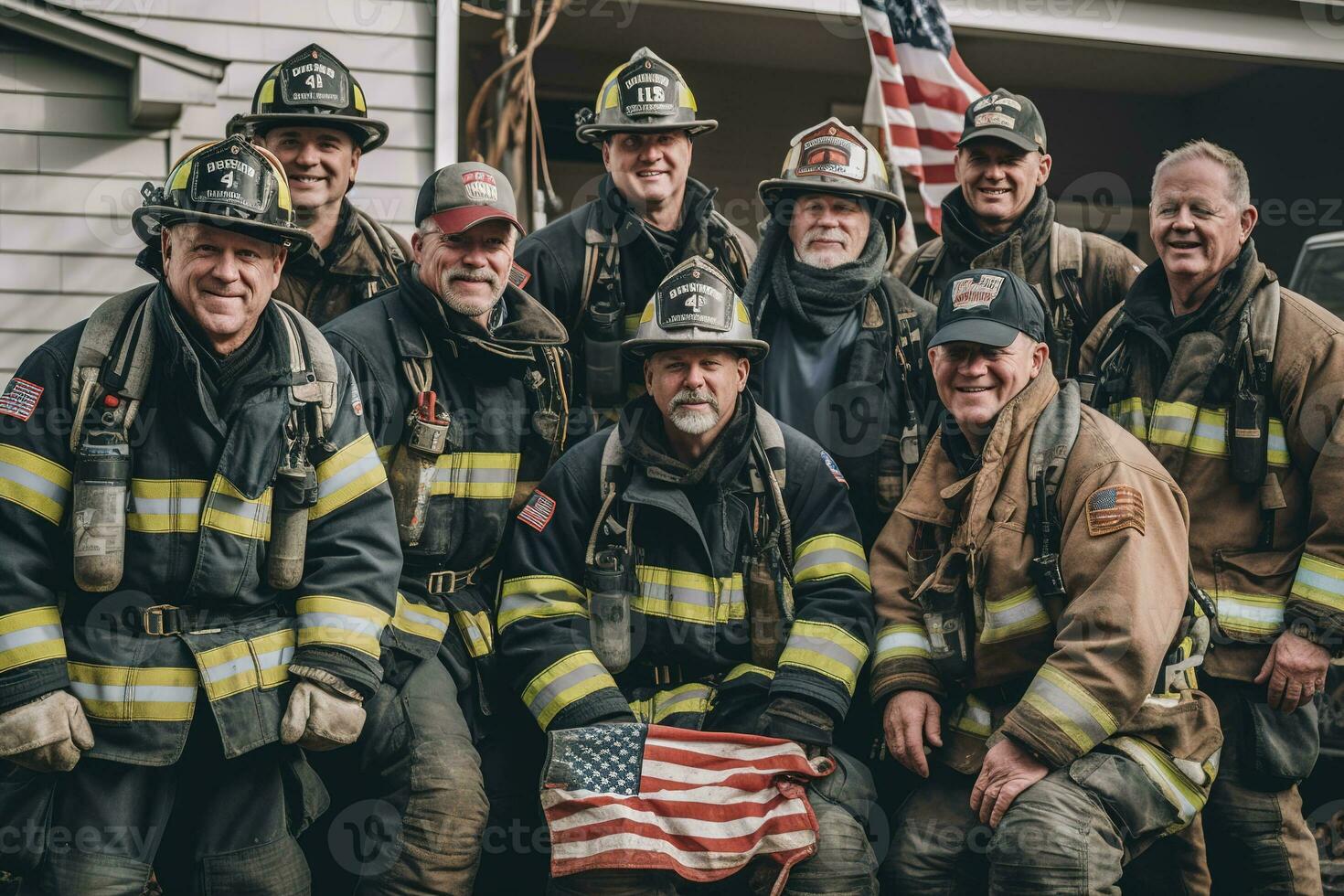 ein Gruppe Foto von ein Veteran Feuer Bahnhof Besatzung, schmutzig und müde aber mit lächelt auf ihr Gesichter nach erfolgreich retten ein Alten Paar. das amerikanisch Flagge hängend stolz. generativ ai