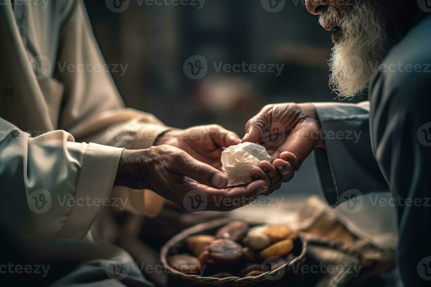 ein Mann geben zakat Nächstenliebe während Ramadan. Mann s Großzügigkeit und geben Geist. das Bild Show das Mann Übergabe Über Essen zu jene im brauchen. generativ ai foto