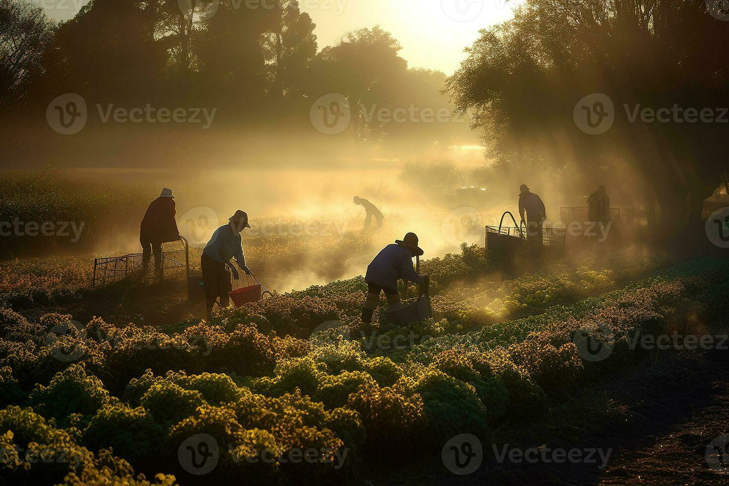 ein heiter, früh Morgen Gemüse Ernte, Erfassen das taubedeckt Pflanzen, das weich, golden Licht von Sonnenaufgang, und das friedlich Atmosphäre von ein Bauernhof Vor das Tag Arbeit beginnt. generativ ai. foto