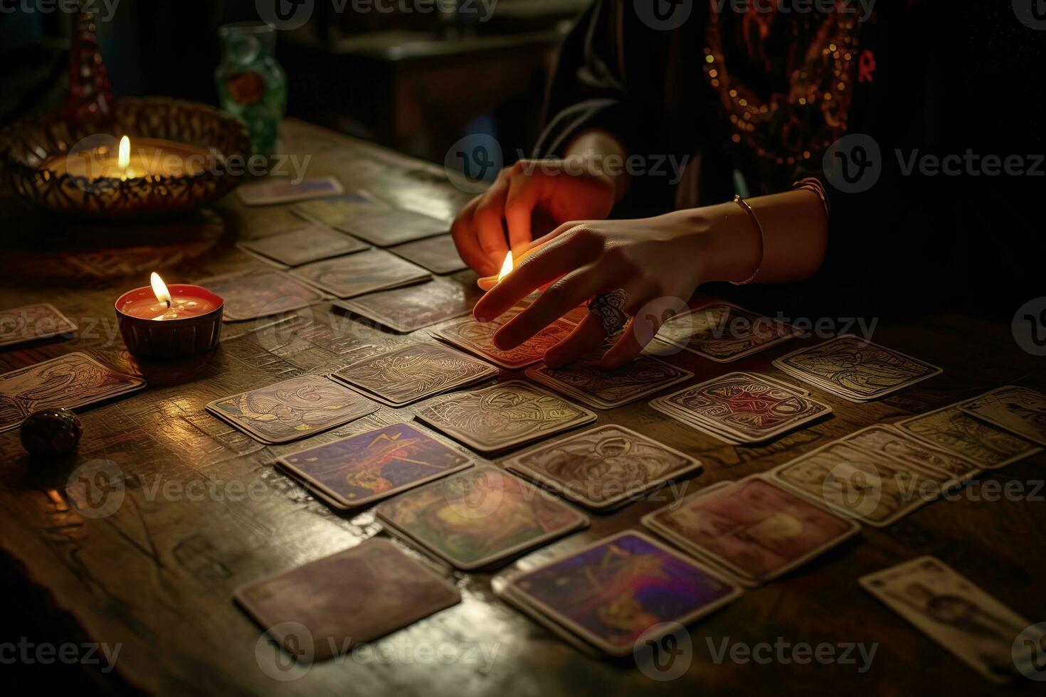 Tarot Karten, aber jeder Karte Eigenschaften Interpretationen von astrologisch Transite oder das Positionen von das Planeten im anders Häuser von das Tierkreis. zwei Divination Systeme verschlungen. generativ ai foto