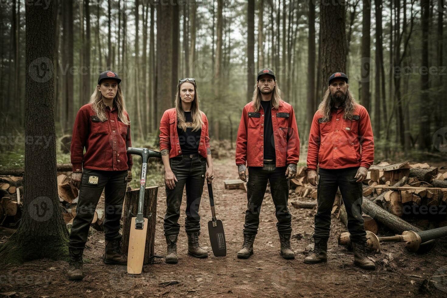 Werbung Porträt Schuss von ein Holzfäller Mannschaft Stehen zusammen im ein Wald und Sie aussehen beim das Kamera. generativ ai foto