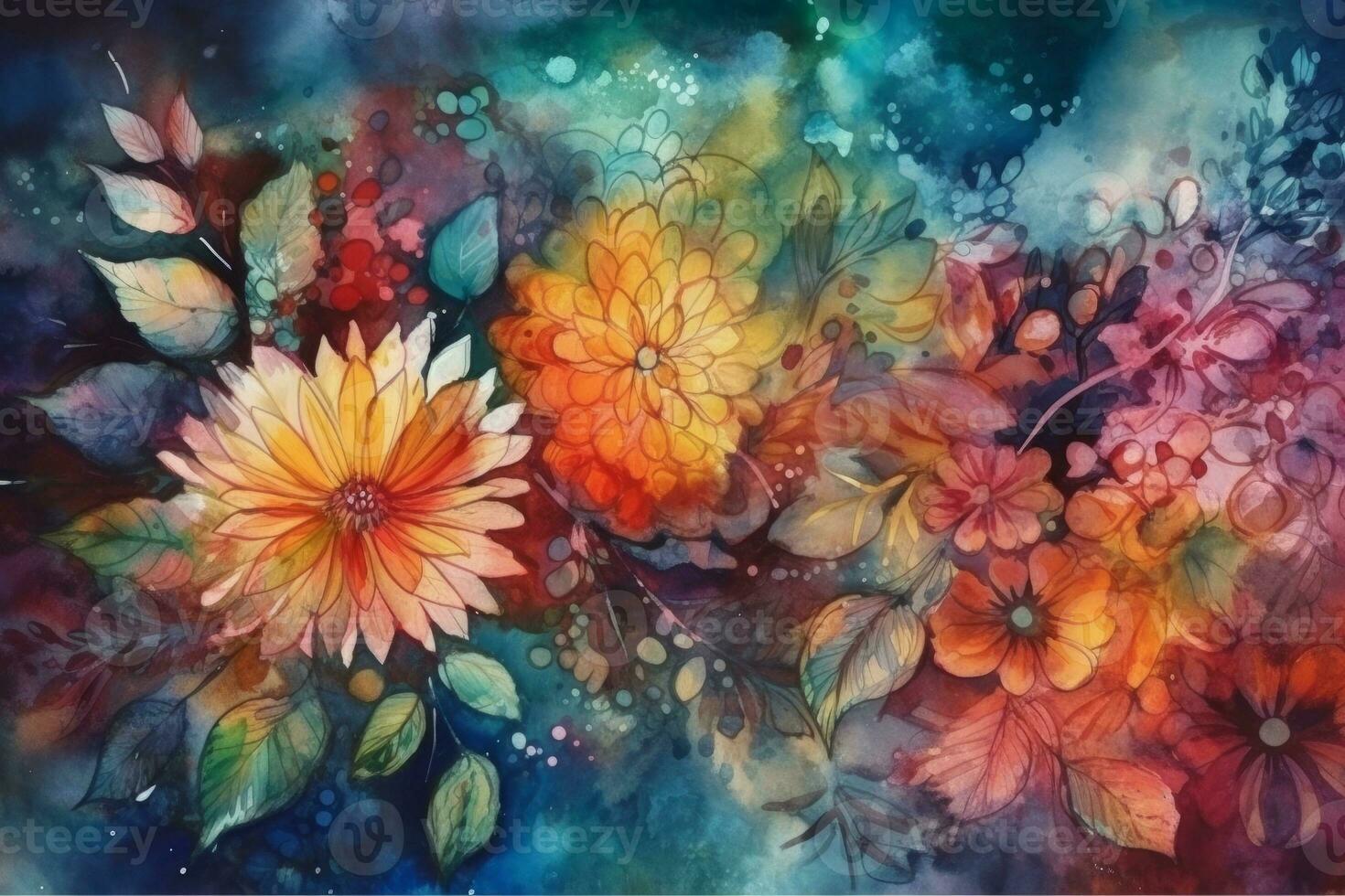 bunt Aquarell Gemälde Hintergrund mit Blumen und Pflanzen. generativ ai foto