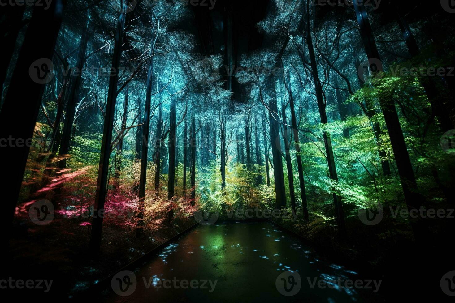 Wald beleuchtet durch fluoreszierend Beleuchtung. das Rahmen ist magisch und zauberhaft, mit das Farben von das Beleuchtung reflektieren aus das Bäume und Laub. generativ ai foto