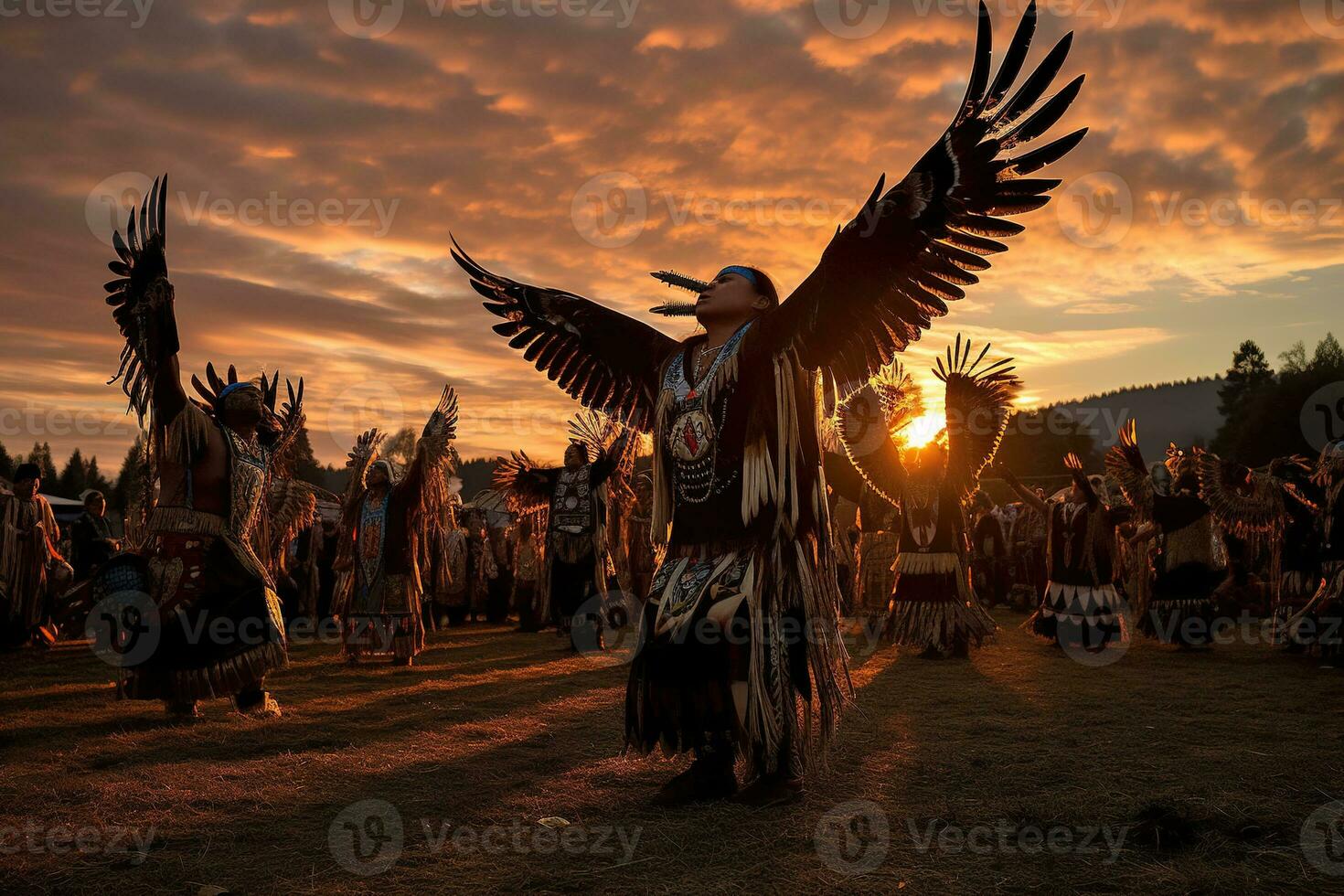 einheimisch amerikanisch Tänzer durchführen ein zeremoniell Adler tanzen, Waffen ausgestreckt und Köpfe gekippt zurück zu porträtieren das majestätisch Vogel nehmen Flug auf Rotbraun Sonnenuntergang Himmel. generativ ai foto