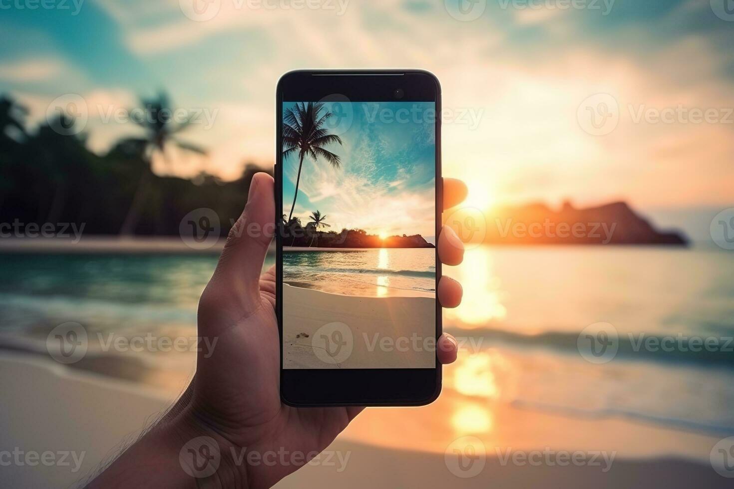 Bild von mans Hand halten Smartphone mit schön Bild auf Bildschirm. tropisch Strand mit Palmen Weiß Sand und türkis Wasser. generativ ai foto