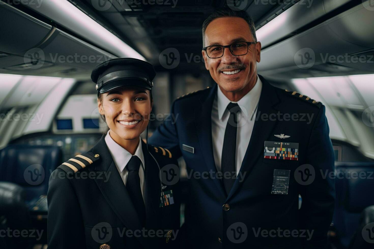 Werbung Porträt Schuss von ein Hostess und Pilot Mannschaft Stehen zusammen im das Flugzeug und Sie aussehen beim das Kamera. generativ ai. foto