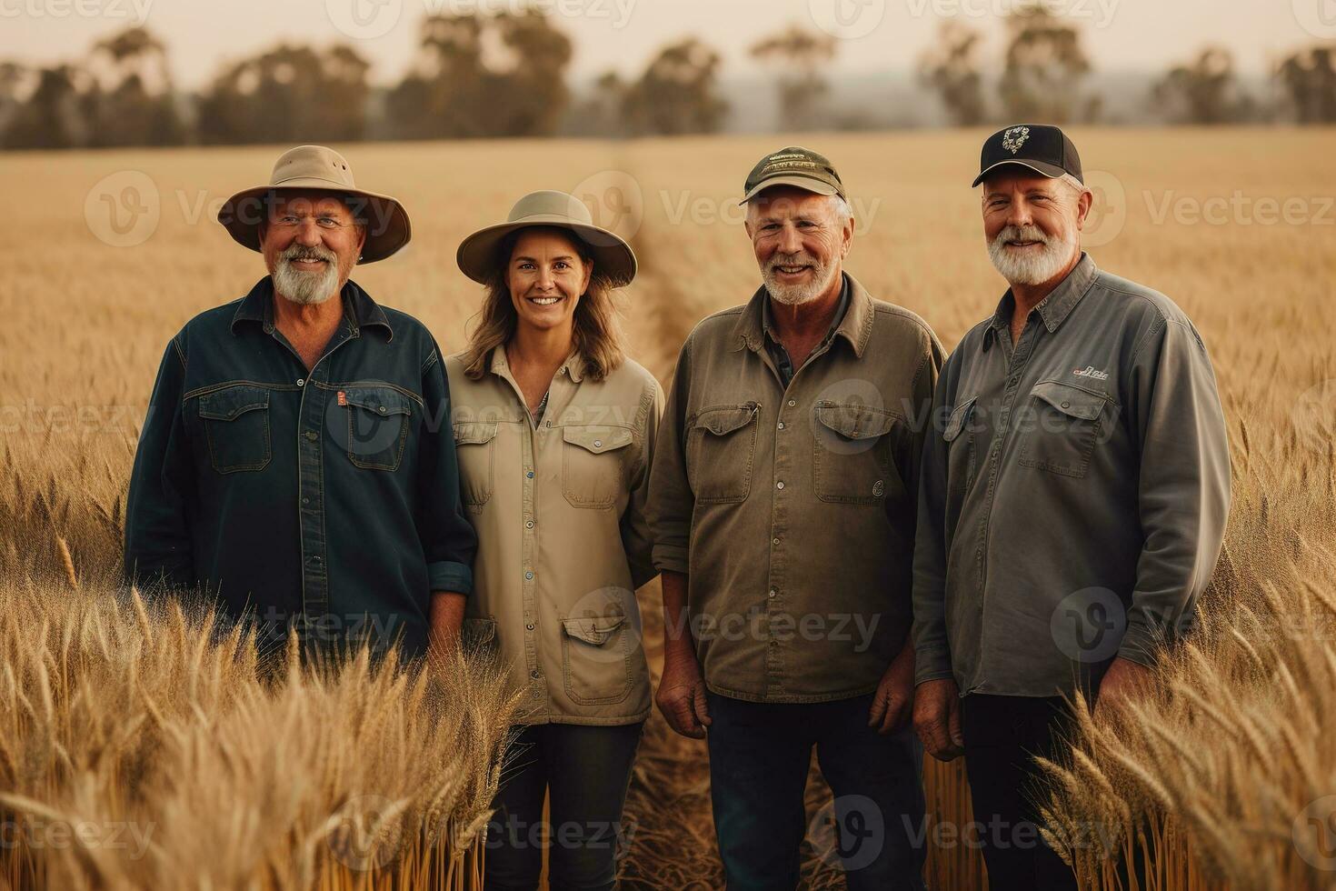 Werbung Porträt Schuss von ein Bauern Mannschaft Stehen zusammen im ein Weizen Feld und Sie aussehen beim das Kamera. generativ ai. foto