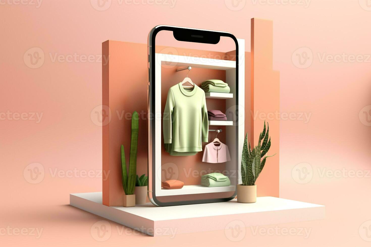 3d Smartphone mit Kleider Online einkaufen Einkaufen Konzept.erstellt mit generativ ai Technologie. foto