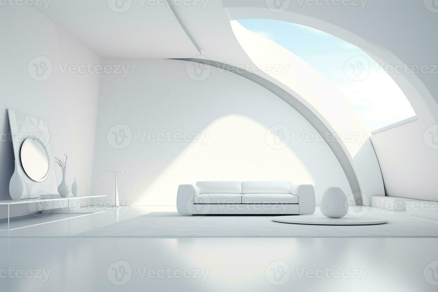 Futurismus Weiß Leben Zimmer mit Kopieren mit Sofa und Pflanzen Raum im das Zukunft.erstellt mit generativ ai Technologie. foto