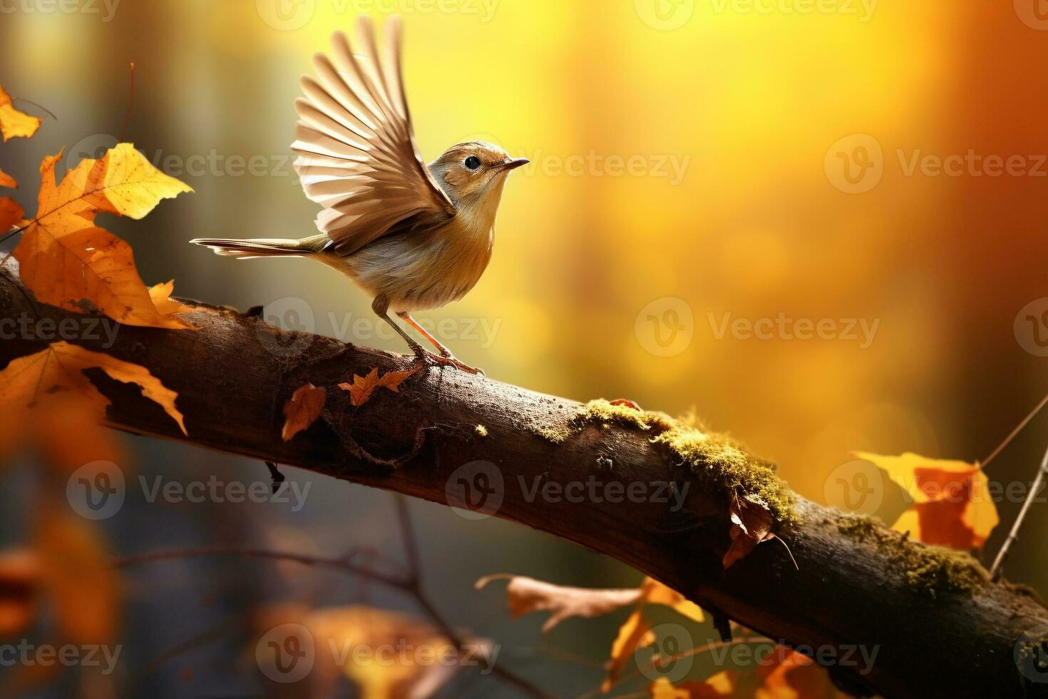 süß Vogel im das Herbst Wald mit Herbst Blätter.erstellt mit generativ ai Technologie. foto