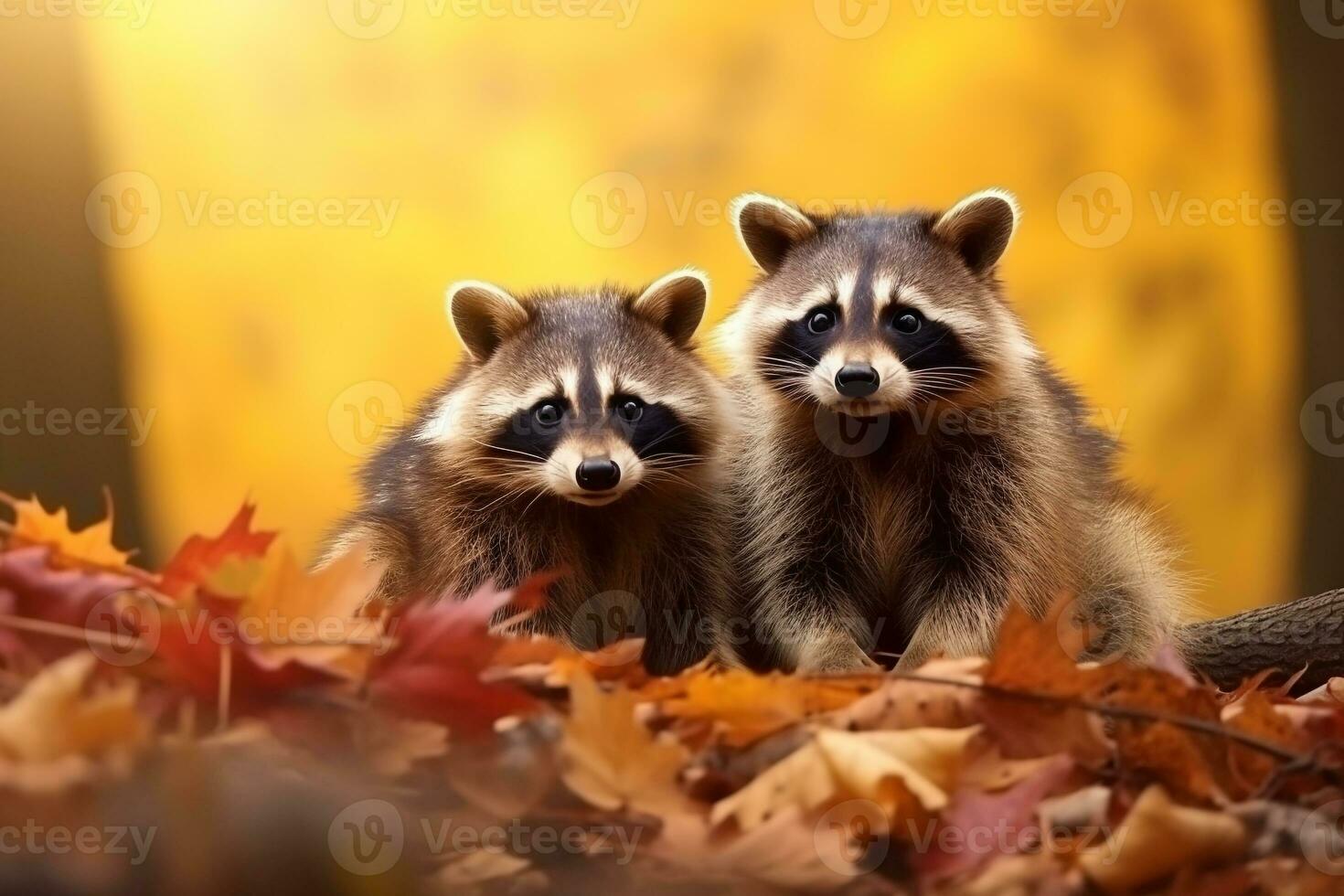 süß Waschbär im das Herbst Wald mit Herbst Blätter.erstellt mit generativ ai Technologie. foto