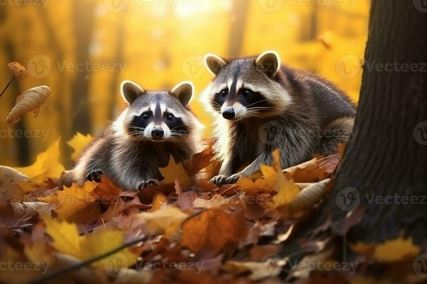 süß Waschbär im das Herbst Wald mit Herbst Blätter.erstellt mit generativ ai Technologie. foto