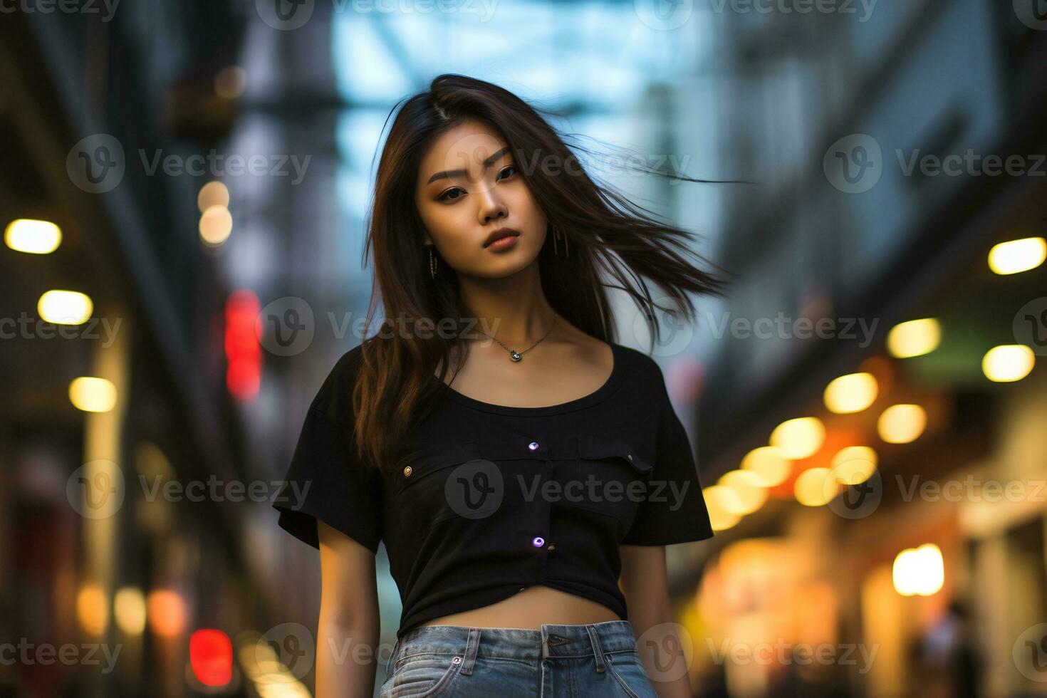 schön asiatisch Mädchen auf trandy beiläufig Outfit ai generativ foto