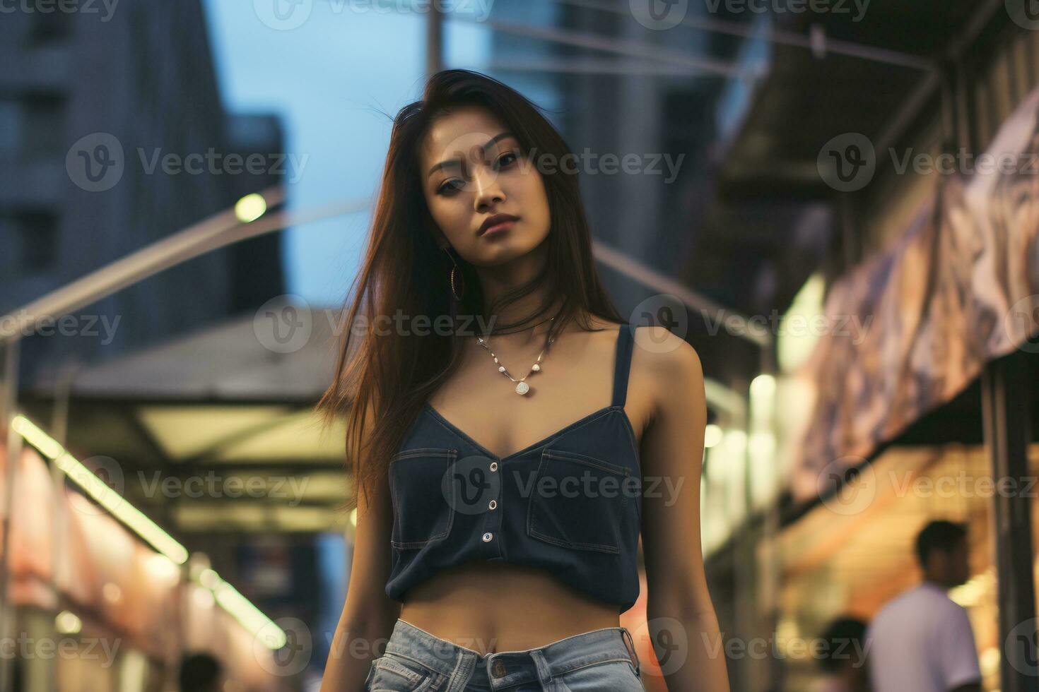 schön asiatisch Mädchen auf trandy beiläufig Outfit ai generativ foto