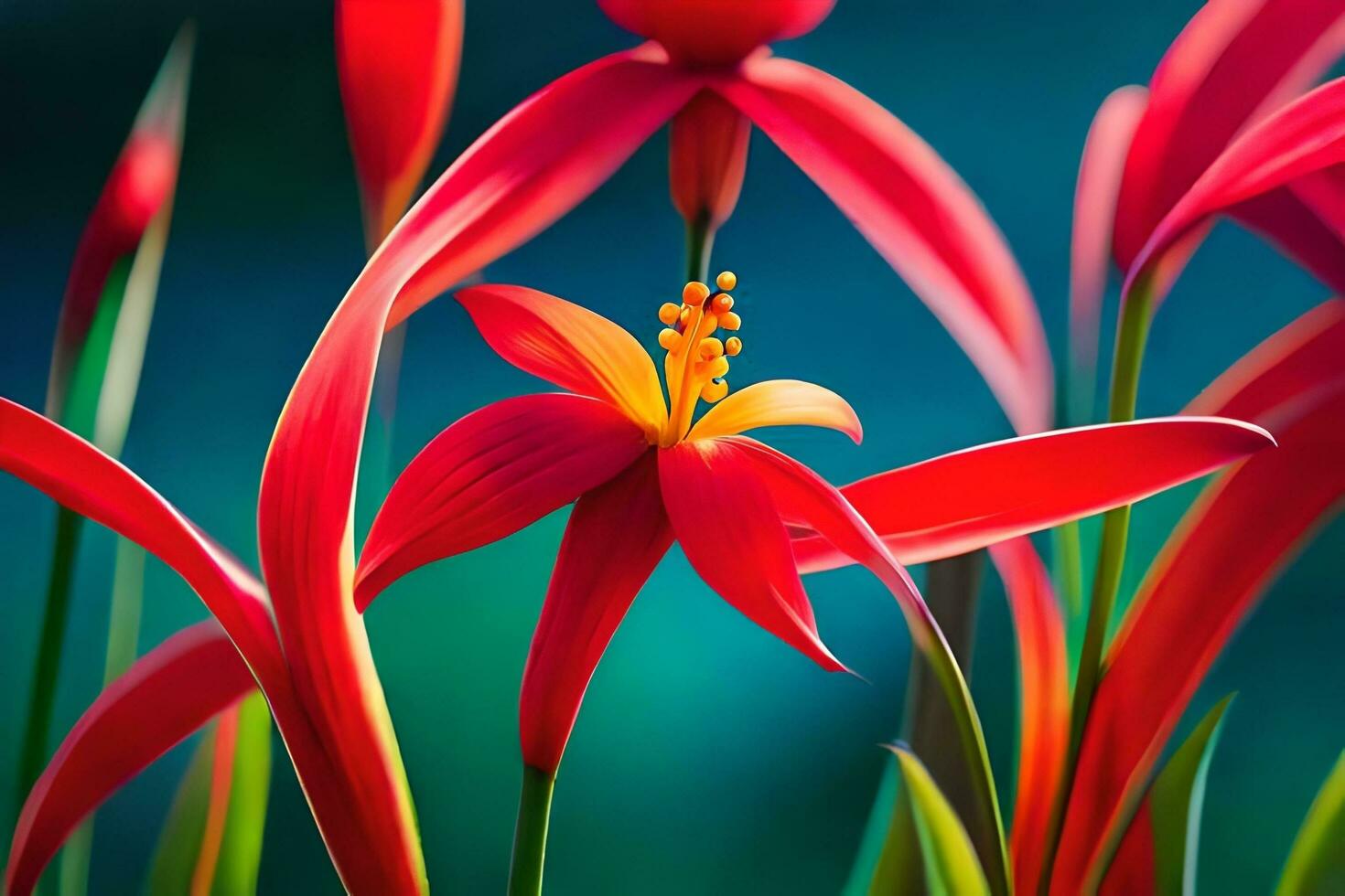 rot Blumen sind Blühen im das Mitte von ein Feld. KI-generiert foto