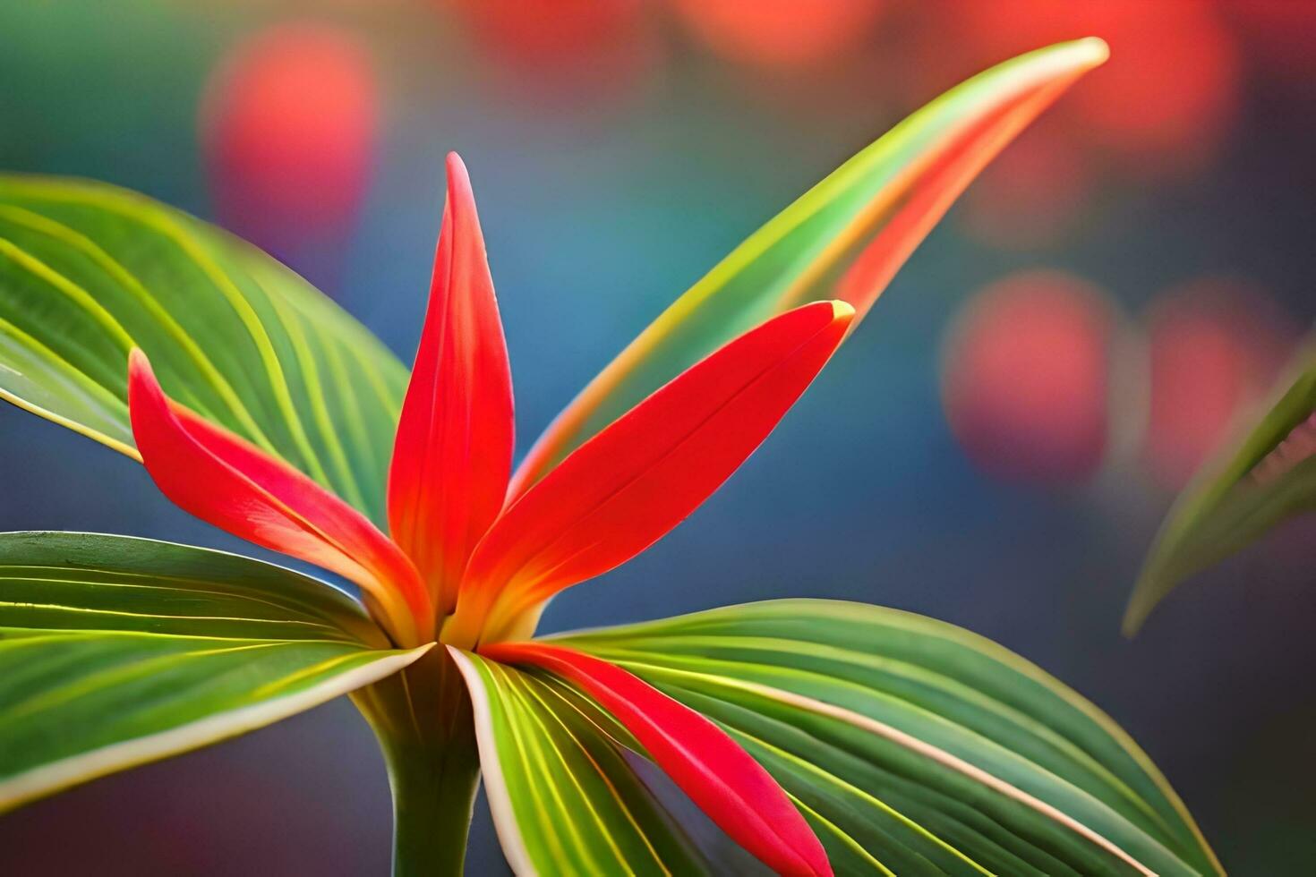 ein rot Blume ist im das Center von ein Grün Pflanze. KI-generiert foto