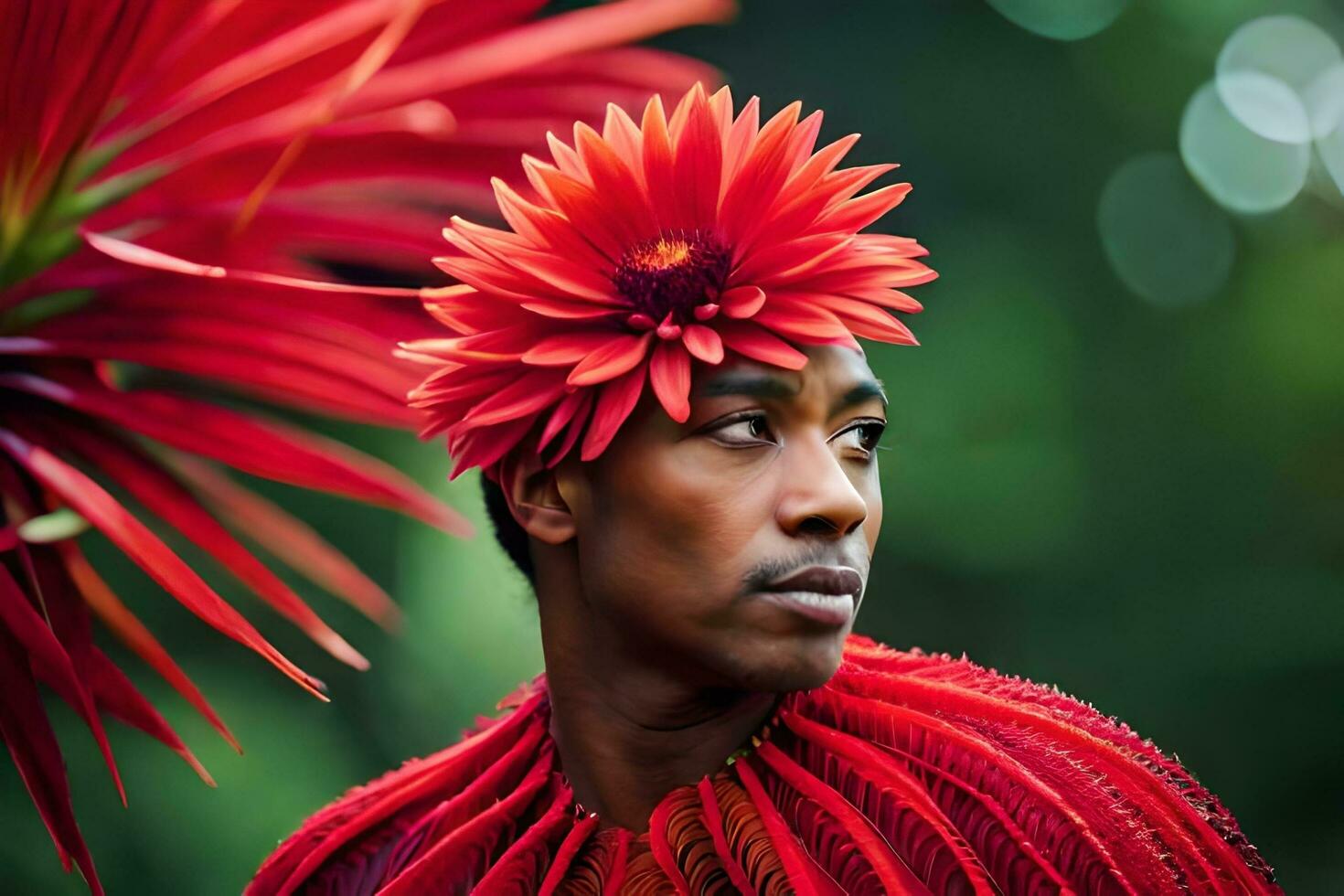 ein Mann tragen ein rot Blume Kopfschmuck. KI-generiert foto