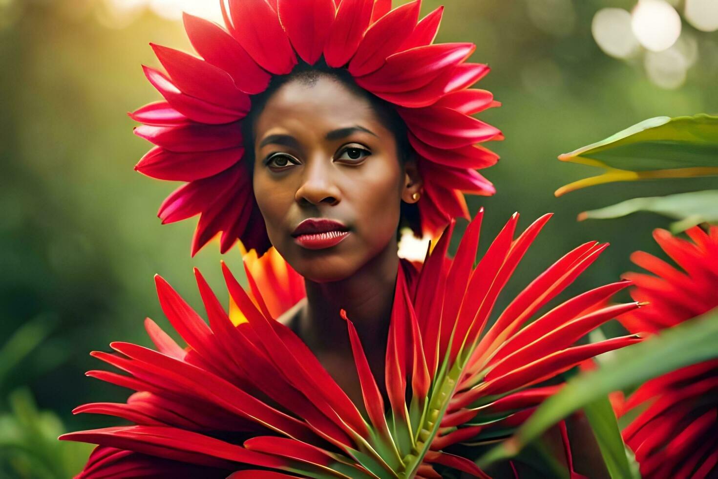 schön afrikanisch Frau mit rot Blumen. KI-generiert foto