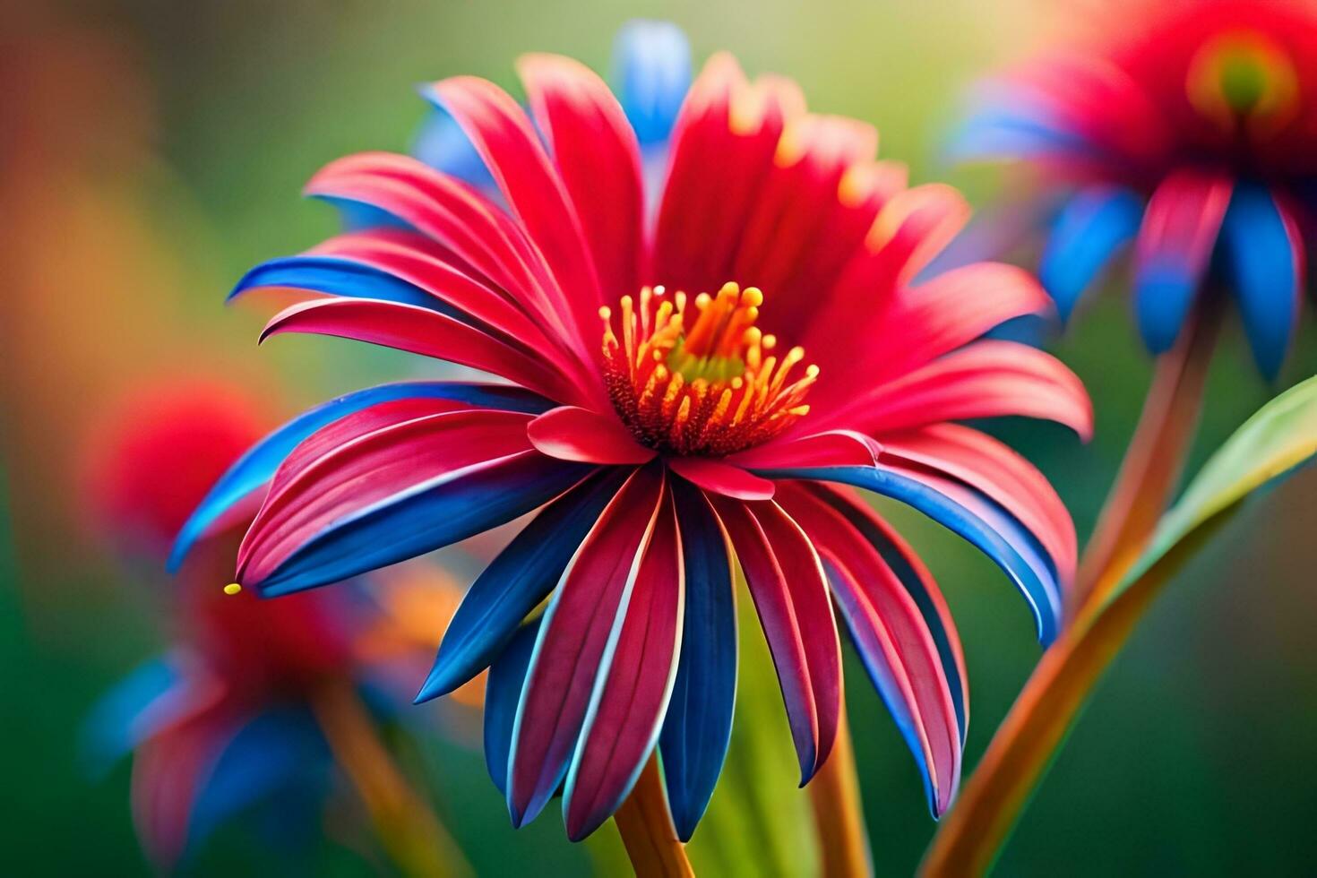 ein schließen oben von ein rot und Blau Blume. KI-generiert foto