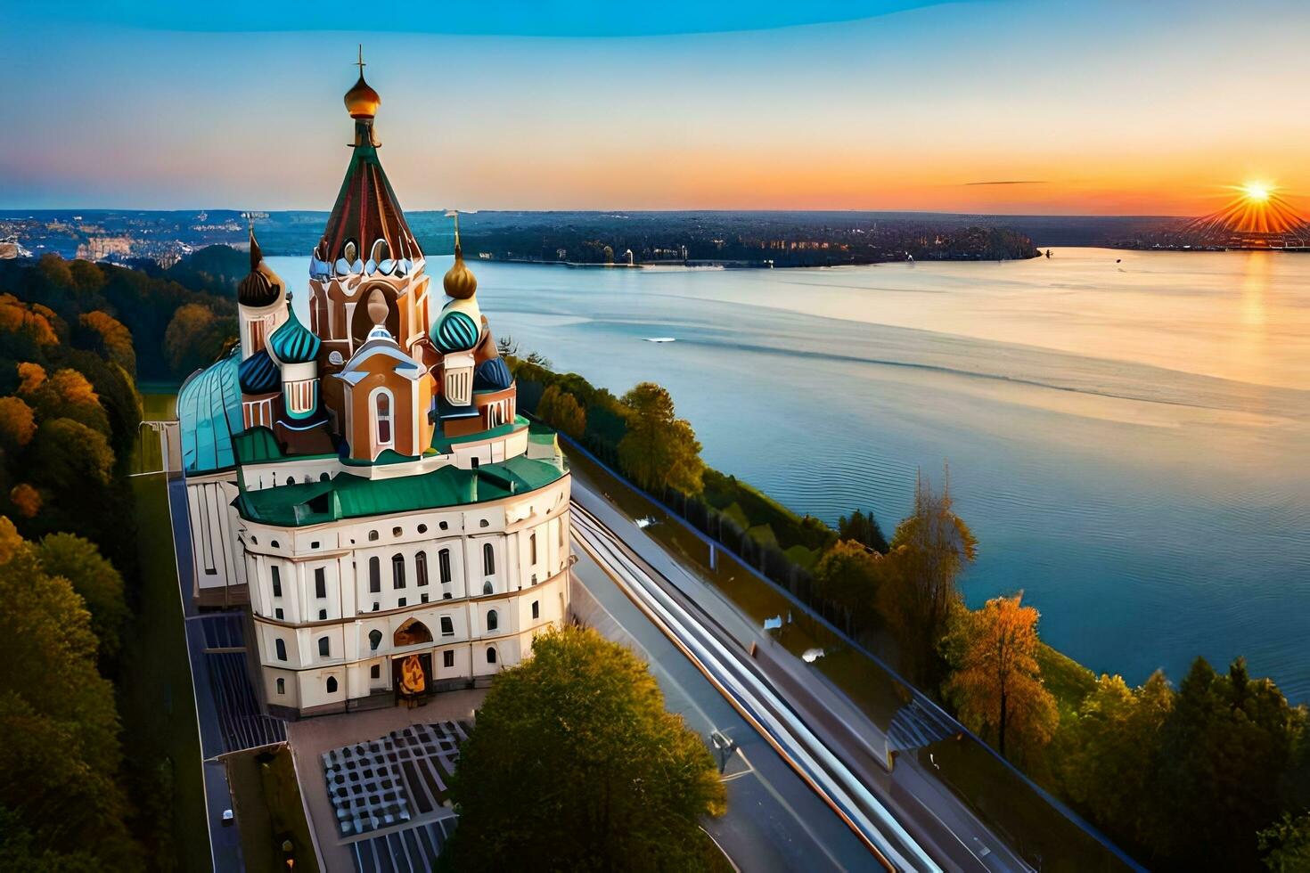 das Sonne setzt Über ein Kirche im das Mitte von ein Fluss. KI-generiert foto