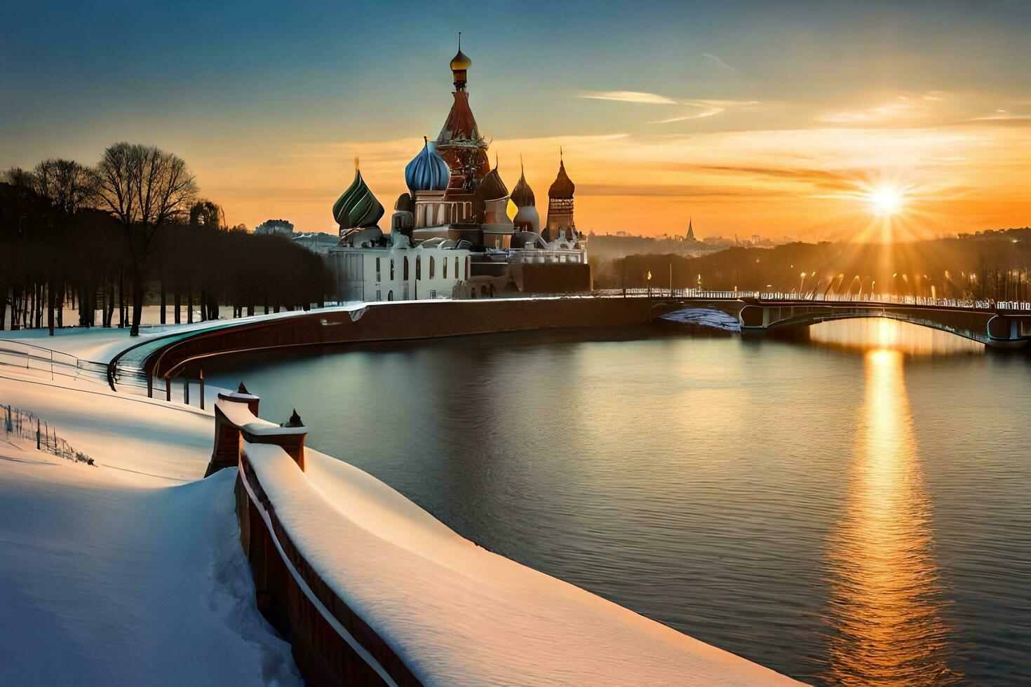 das Sonne setzt Über das Moskau Kreml und das Fluss. KI-generiert foto