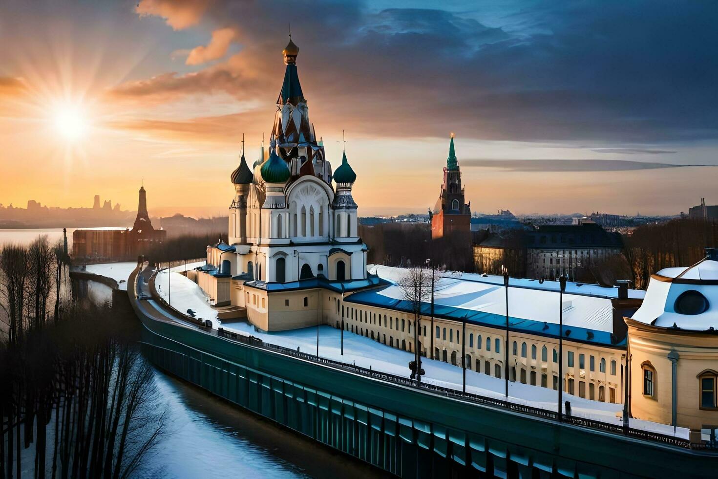 das Sonne steigt an Über das Stadt von Moskau. KI-generiert foto