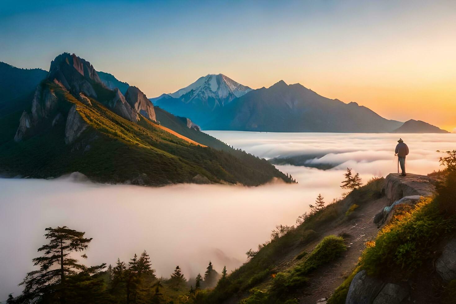 ein Mann Stehen auf ein Berg mit Blick auf das Wolken. KI-generiert foto