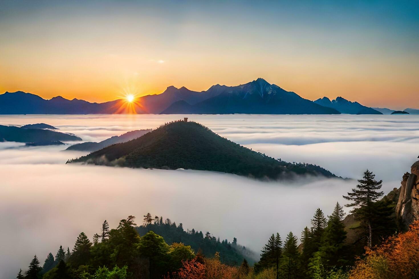 Sonnenaufgang Über das Wolken im das Berge. KI-generiert foto