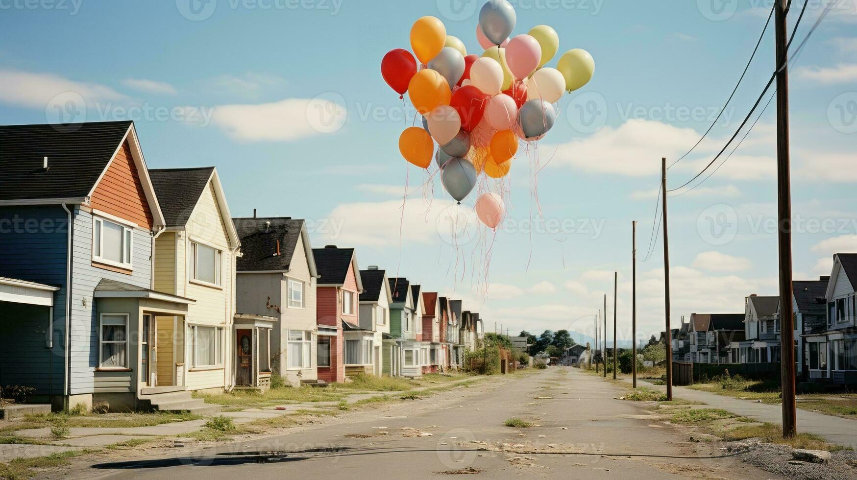 auf ein sonnig Tag, ein hell Regenbogen von Luftballons tanzen im das Himmel über ein Straße gefüttert mit heiter Häuser, Erstellen ein freudig Atmosphäre Das berührt das Boden unter, ai generativ foto