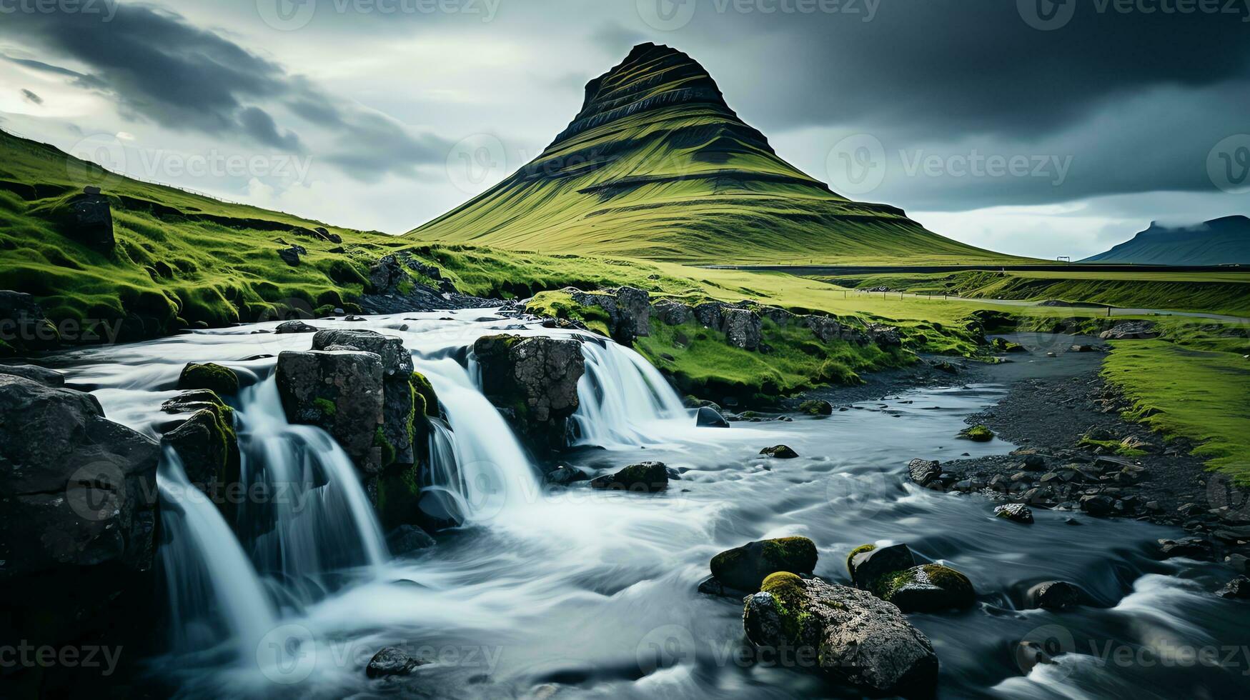 das Sonne setzt Über ein Wasserfall im das Mitte von ein Fluss ai generativ foto