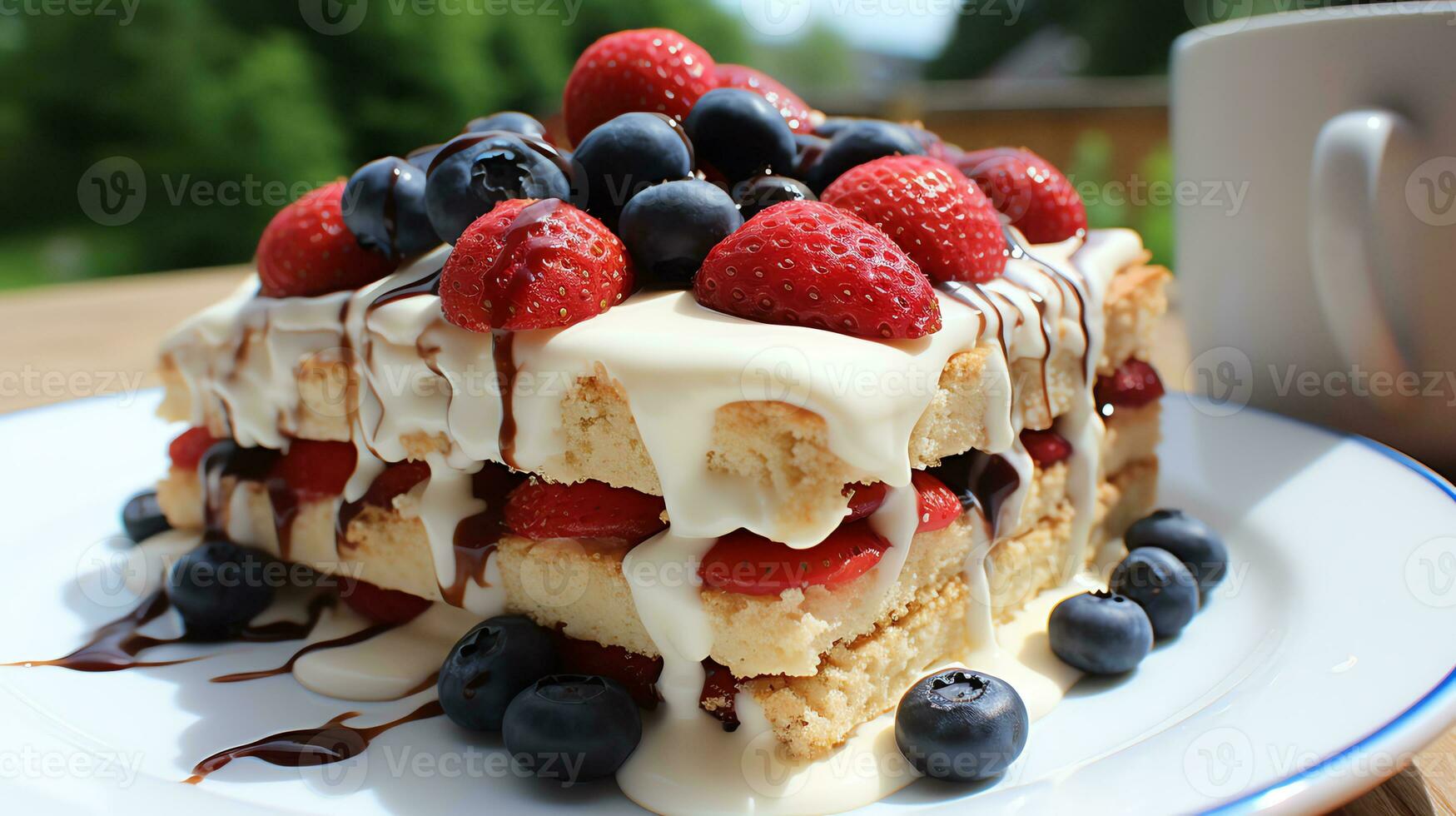 ein Stapel von Pfannkuchen mit Beeren und Sahne ai generativ foto