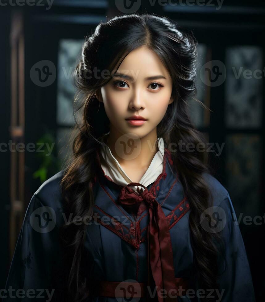 ein schön asiatisch Schule Mädchen mit zart Gesicht. ai generativ foto