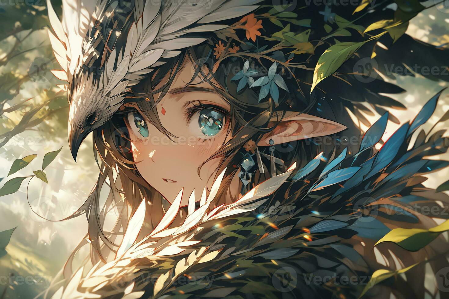 ai generativ Wald Elf mit Flügel und schön Augen im Anime Stil foto