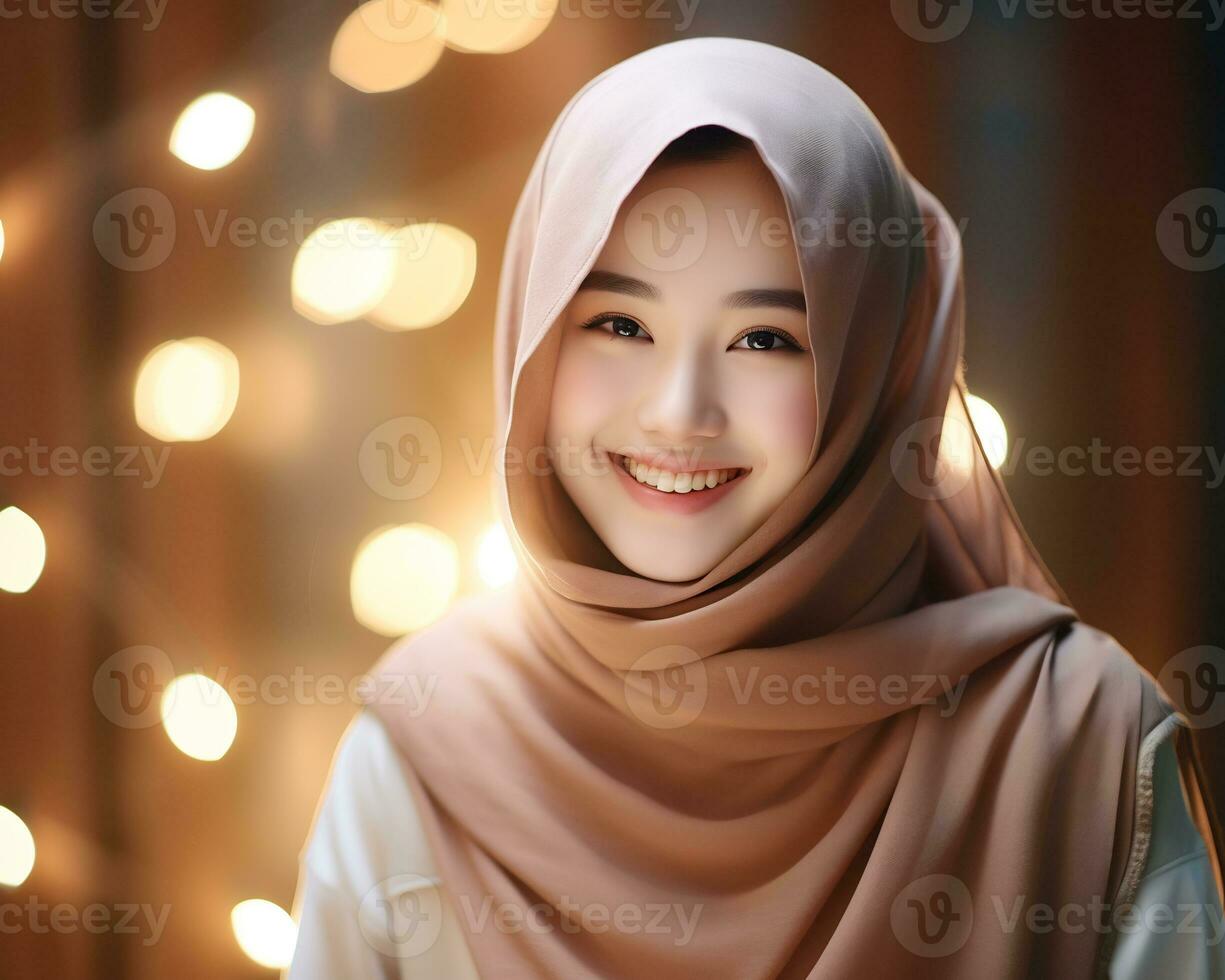 ai generativ schön asiatisch Muslim Mädchen tragen Hijab foto