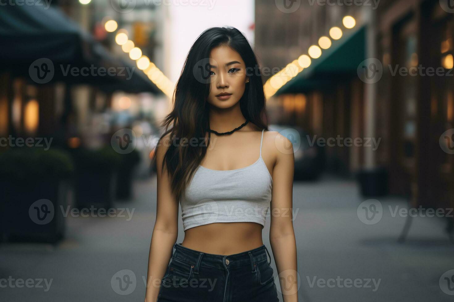 schön asiatisch Mädchen auf trandy beiläufig Outfit ai generativ foto