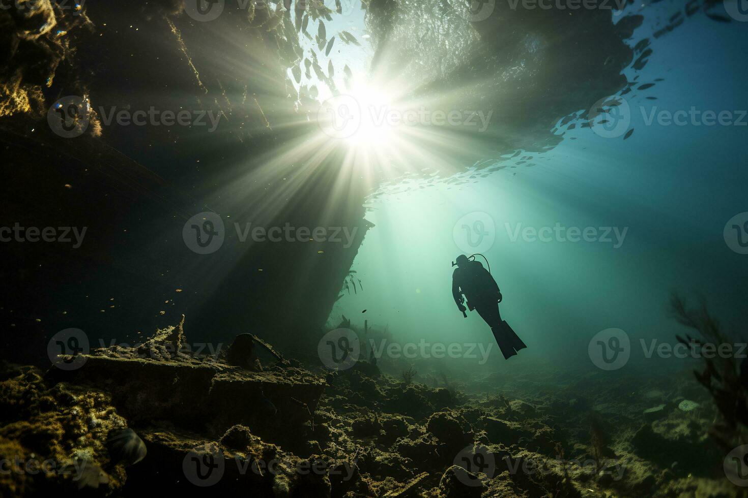 kostenlos Taucher erkunden ein Schiffswrack ai generativ foto