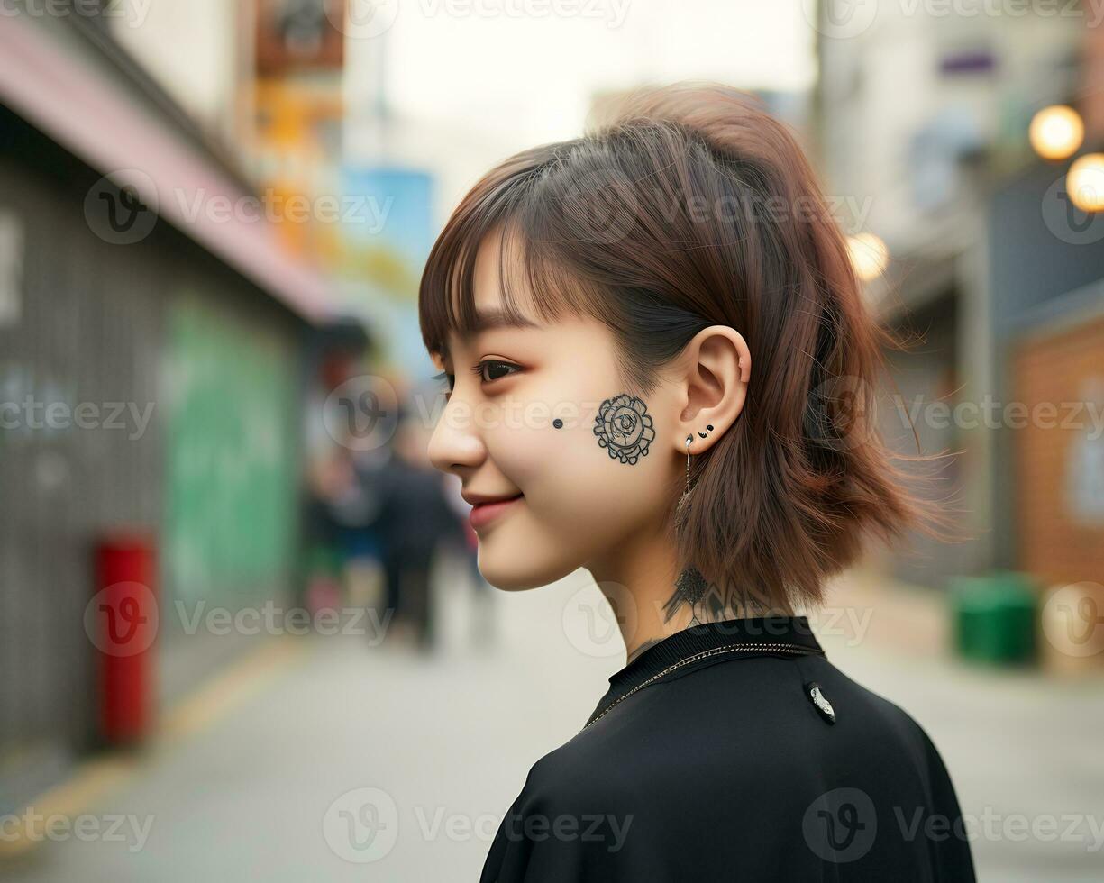 heiter Koreanisch Mädchen mit tätowieren lächelnd zu Kamera ai generativ foto