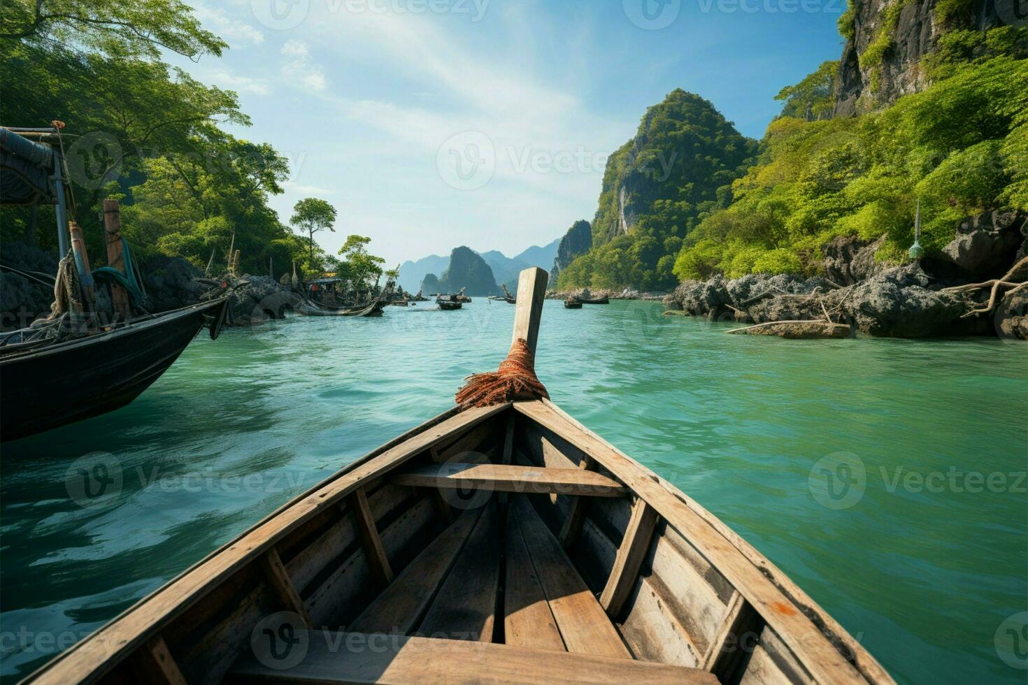 an Bord ein lange Schwanz Boot, Zeuge fesselnd Insel und Meer Landschaft ai generiert foto