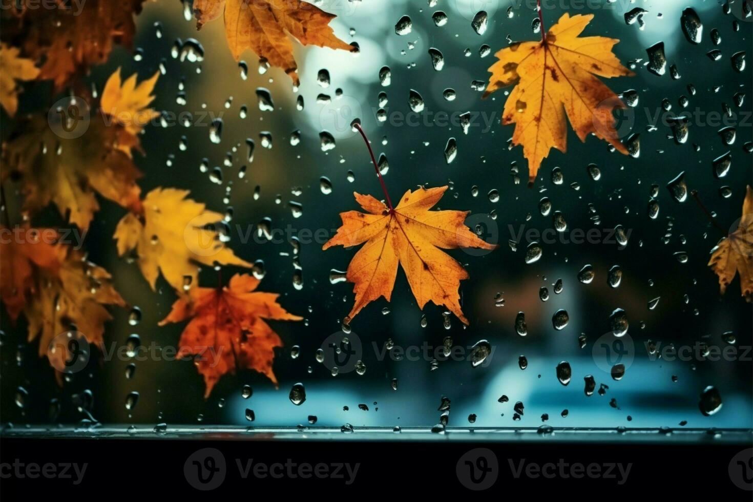 herbstlich Fenster Aussicht Regen trifft bunt Blätter, bedeuten das Jahreszeit ai generiert foto