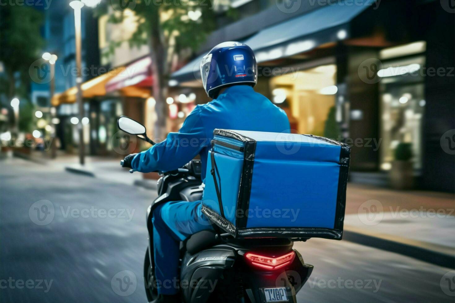 Blau uniformiert Fahrer liefert Essen oder Pakete effizient auf ein Motorrad ai generiert foto