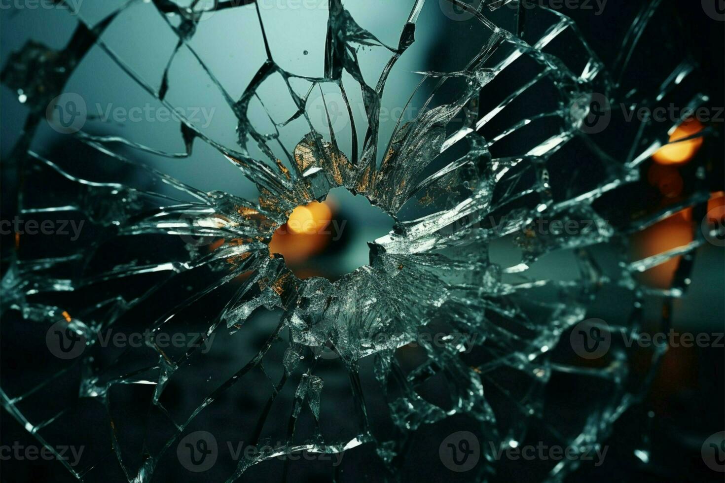 Kugeln Einschlag gebrochen Glas, Bildung radial Risse um das Loch ai generiert foto