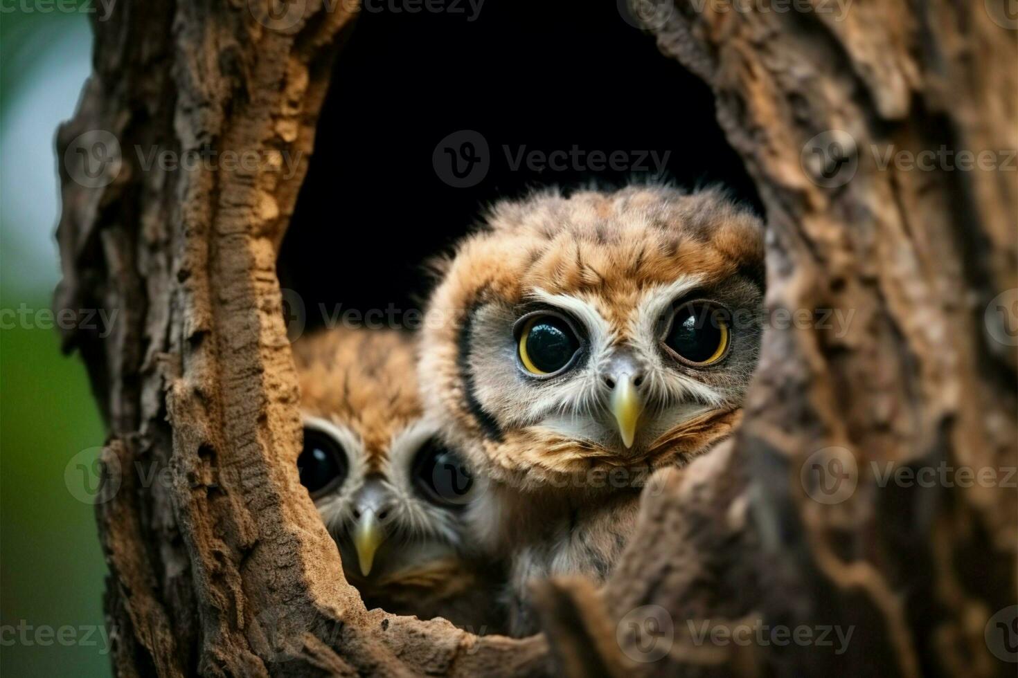 charmant Eule Küken spähen von Baum hohl Nest, Kopieren Raum ai generiert foto