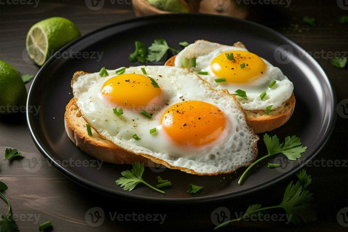 klassisch Frühstück Präsentation sonnig Seite oben gebraten Eier auf ein Teller ai generiert foto