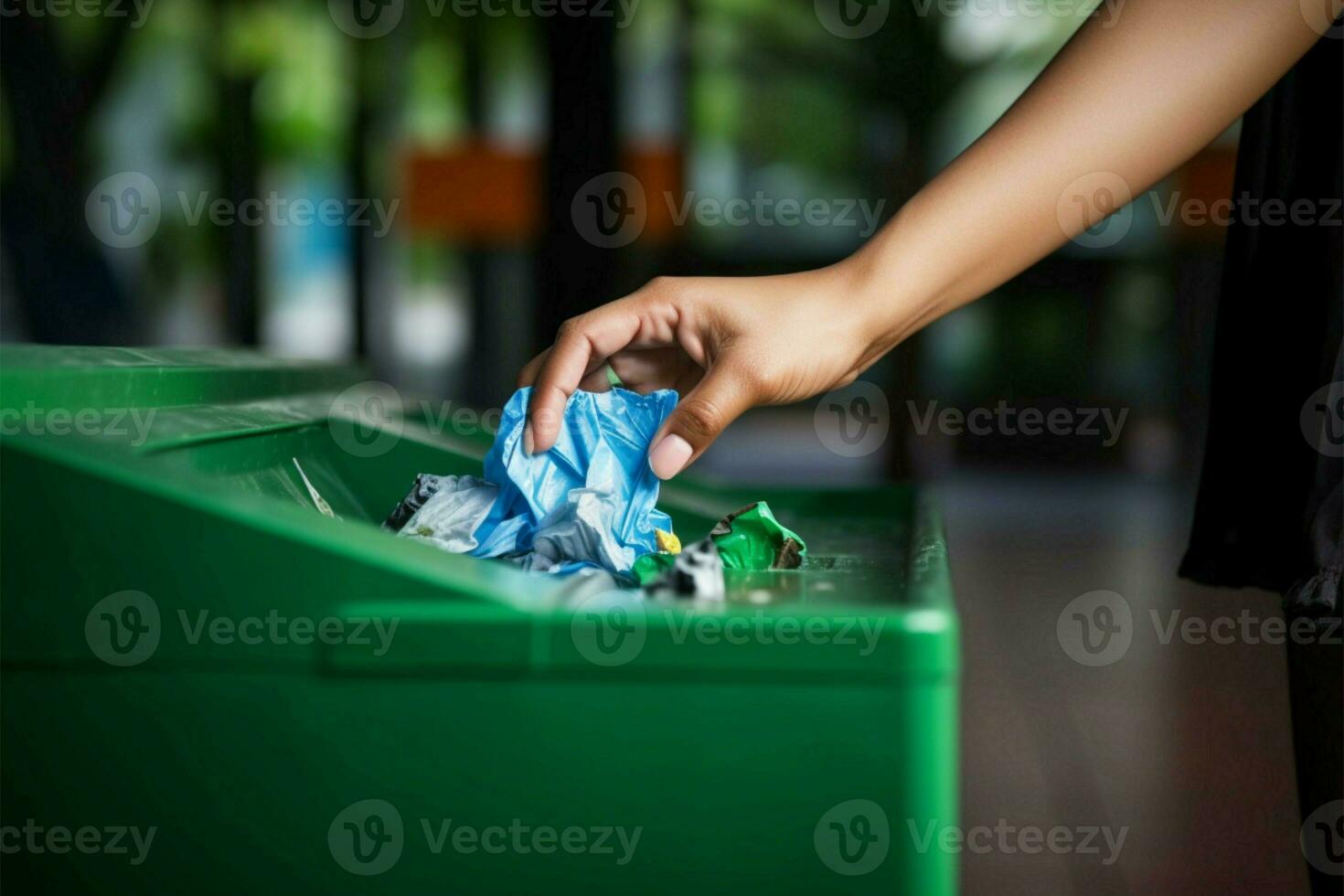 schließen oben Frauen Hand wirft zerknittert Papier in Recycling Behälter ai generiert foto