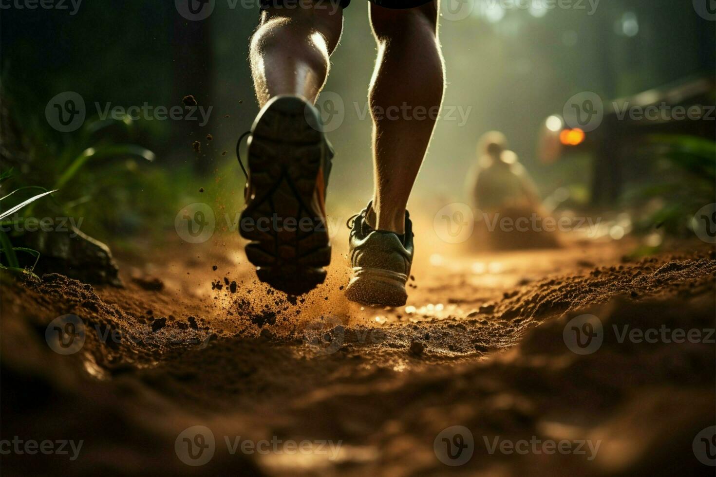 Läufer Füße im ein Illustration, in Angriff nehmen ein herausfordernd Urwald Weg ai generiert foto