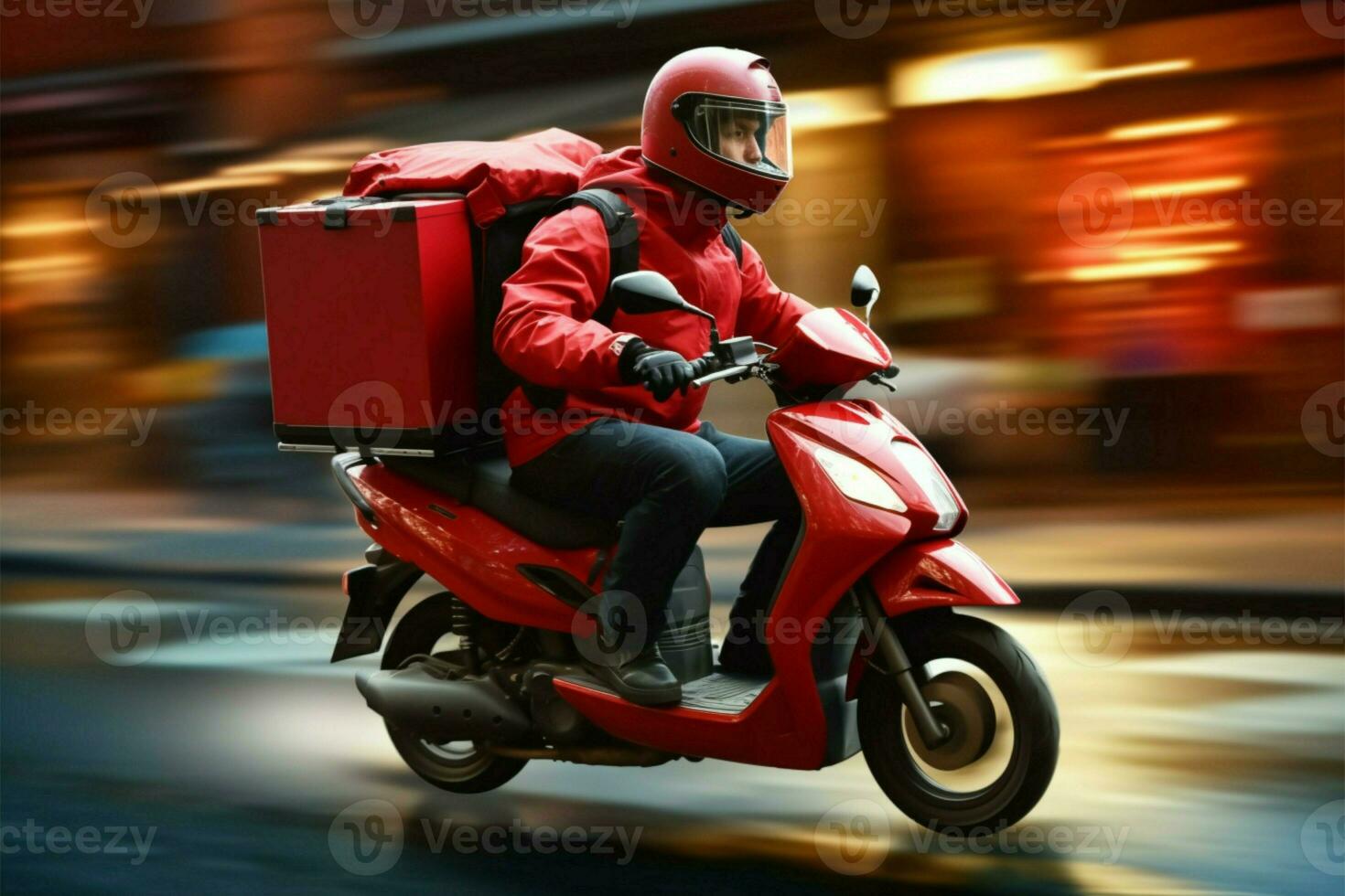 Roller Kurier mit ein rot Rucksack Geschwindigkeiten zu liefern Essen Aufträge ai generiert foto