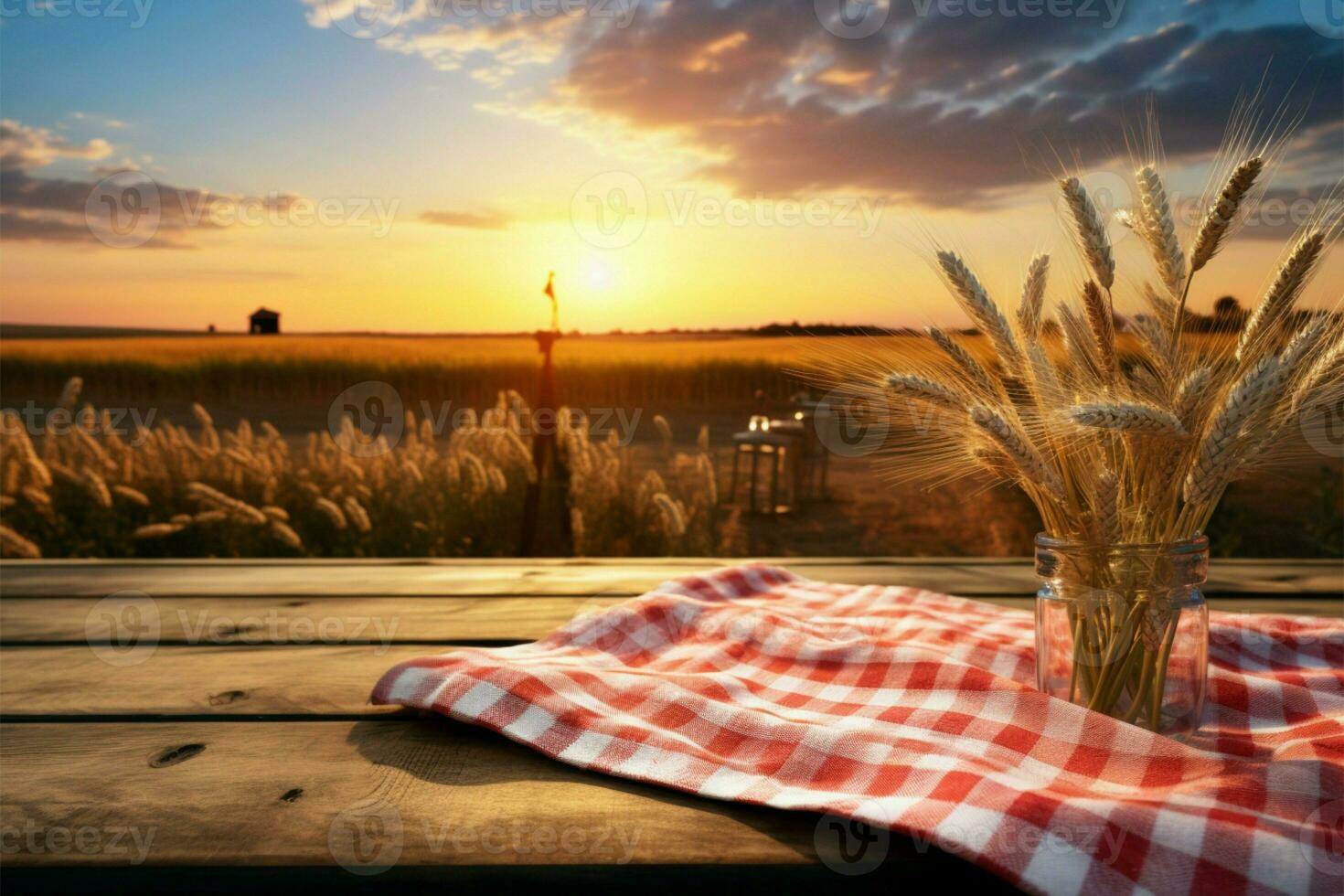 Sonnenuntergang Tableau hölzern Tafel Tabelle durch ein Weizen Feld, Anzeige bereit ai generiert foto