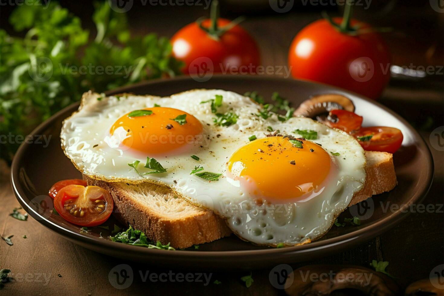 Tischplatte Aussicht von ein köstlich gebraten Ei Frühstück ai generiert foto