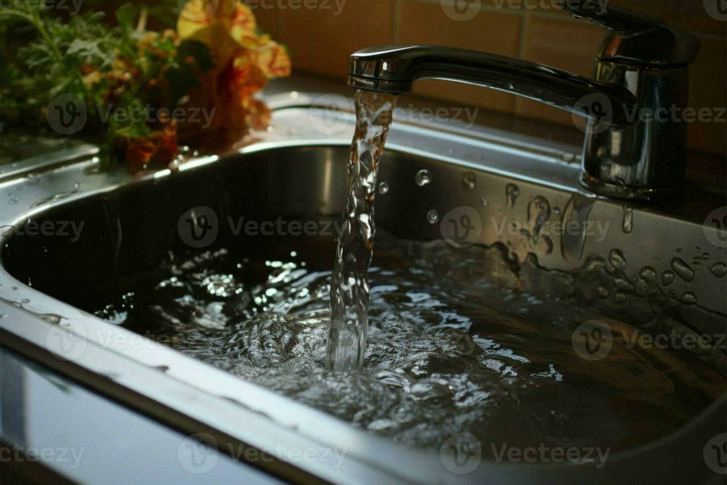 schließen oben von rostfrei Stahl Waschbecken, Stecker Loch gefüllt mit Wasser und Essen Trümmer ai generiert foto