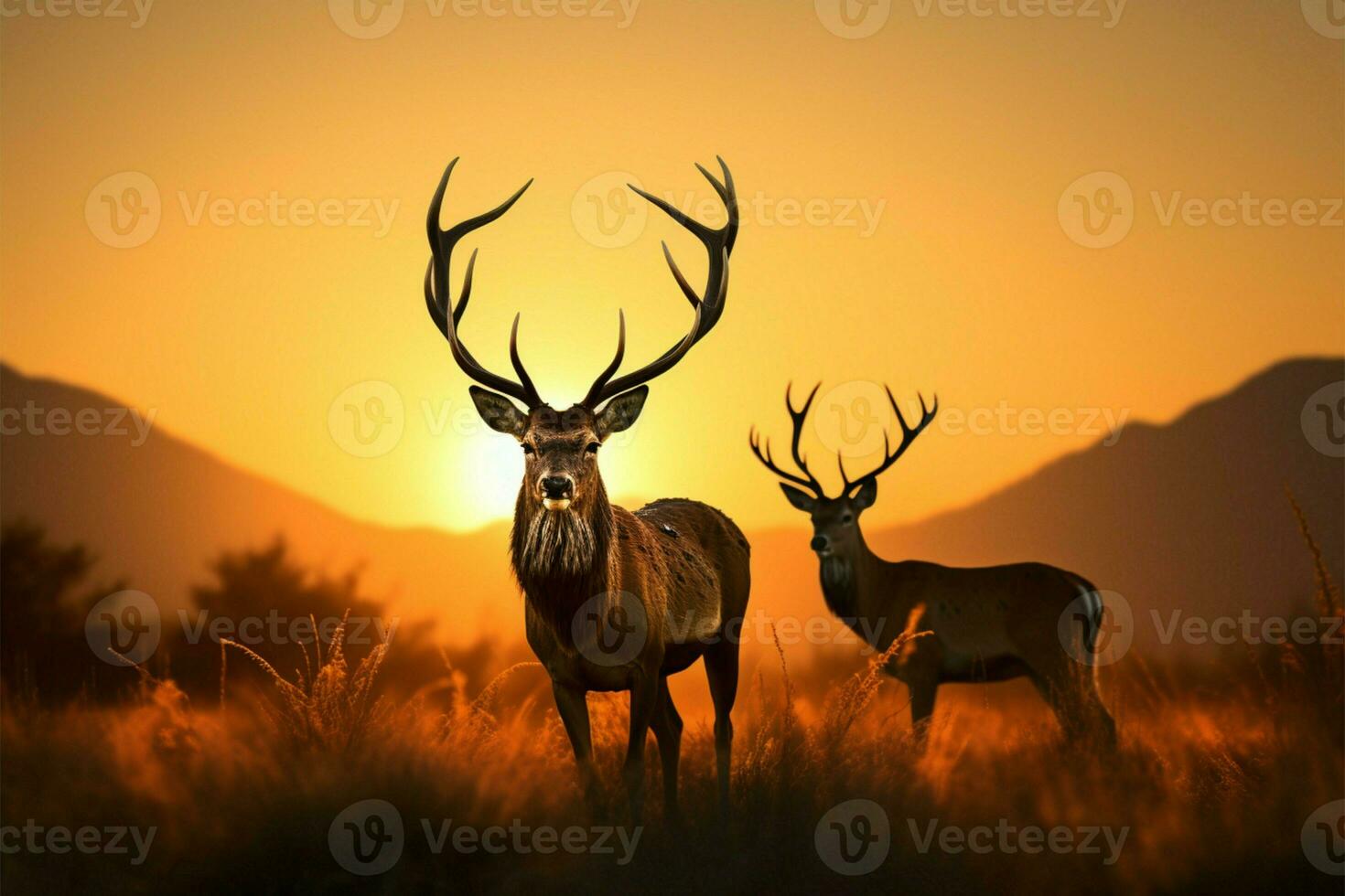 majestätisch Hirsch im ein heiter Wiese, Hervorheben Tierwelt Erhaltung Bemühungen ai generiert foto